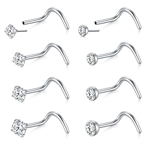 Mayhoop 20G Nasenpiercing Nasenstecker Nasenringe Chirurgenstahl Silber Nose Screw mit 1,5/2/2,5/3mm CZ für Frauen Männer Inset Design Nasenloch Piercing 8St von Mayhoop