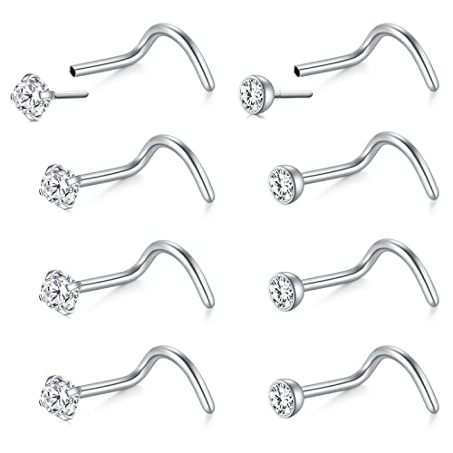 Mayhoop 20G Nasenpiercing Nasenstecker Nasenringe Chirurgenstahl Silber Nose Screw mit 2mm CZ für Damen Herren Inset Design Nasenloch Piercing 8St von Mayhoop