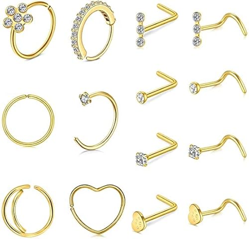 Mayhoop 20G Nasenringe Nasenstecker L-Form Nasenschraube Chirurgischer Edelstahl Nasenringe Reifen Diamant Herz Hypoallergen Nasenloch Nasenpiercing Schmuck für Damen Herren Gold von Mayhoop