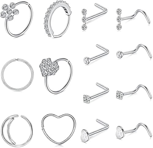 Mayhoop 20G Nasenringe Nasenstecker L-Form Nasenschraube Chirurgischer Edelstahl Nasenringe Reifen Diamant Herz Hypoallergen Nasenloch Nasenpiercing Schmuck für Damen Herren Silber von Mayhoop