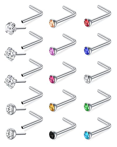 Mayhoop 20G Nasenstecker Nasenpiercing Chirurgenstahl L-förmiger Einsteck Piercing Nase mit CZ-Nasenringen Nasenloch-Piercing für Damen Herren 15St von Mayhoop