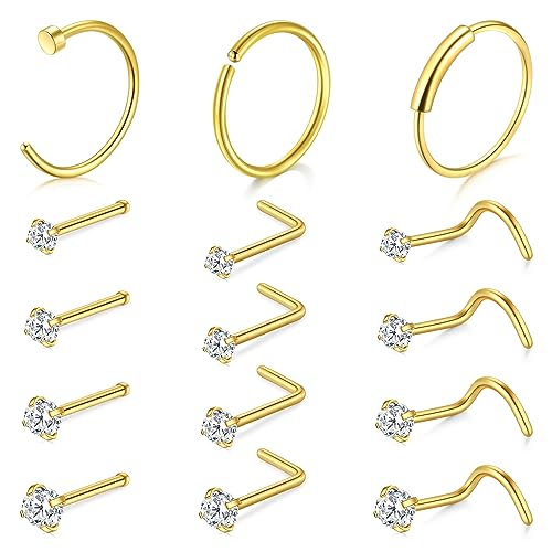 Mayhoop 22G Nasenring Bolzen Schraube Set dünn 0,6mm Chirurgenstahl CZ Nasenloch Piercing Schmuck Gold Unisex Geschenk für Frauen Männer von Mayhoop