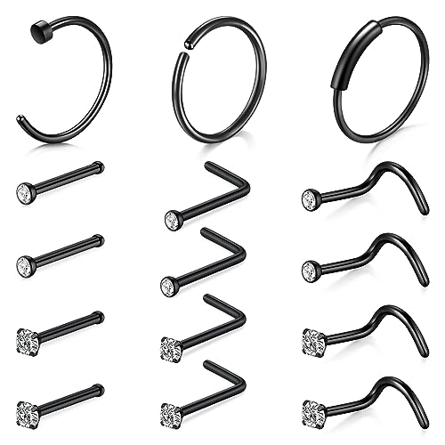 Mayhoop 22G Nasenring Bolzen Schraube Set dünn 0,6mm Chirurgenstahl CZ Nasenloch Piercing Schmuck Schwarz Unisex Geschenk für Frauen Männer von Mayhoop