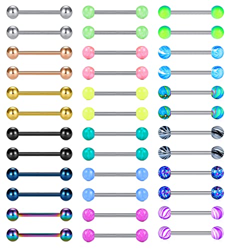 Mayhoop 36 Stück Nippelpiercing Zungenpiercing Chirurgenstahl Bunte Kugeln Muschelkugeln Nippel Zungenring Piercing Schmuck für Frauen Männer von Mayhoop