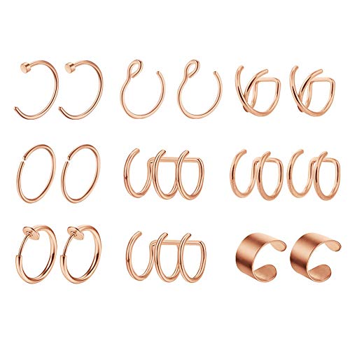 Mayhoop 8 Paar Ear Cuff Edelstahl Ohr Manschette Nicht Piercing Clip auf Knorpel Ohrringe Fake Nasenpiercing Nasenring Fake Helix Lippenpiercing für Männer Damen Rosegold von Mayhoop