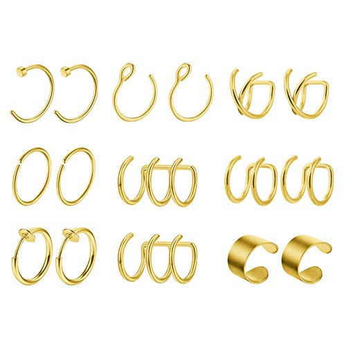 Mayhoop 8 Paar Ear Cuff Gold Edelstahl Ohr Manschette Nicht Piercing Clip auf Knorpel Ohrringe Fake Nasenpiercing Nasenring Fake Helix Lippenpiercing für Männer Damen von Mayhoop