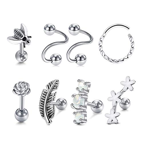 Mayhoop 8 Stück Tragus Helix Piercing Ohrringe Ohrstecker 16G Edelstahl Silber mit Bienenfeder Blume Opal Ohrringe Ohrstecker Spiral Langhantel Clicker Ring Piercing Schmuck von Mayhoop