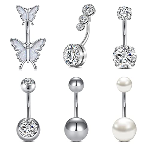 Mayhoop Bauchnabelpiercing 14G Bauchpiercing 10mm Chirurgenstahl Silber Schmetterling Bauchnabelringe Piercing Bauch Für Frauen 6St von Mayhoop