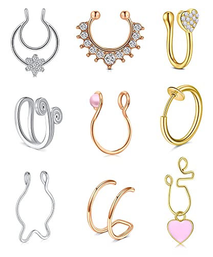 Mayhoop Fake Nose Ring Fake Septum Ring Nasenmanschetten Chirurgenstahl Fake Piercings Silber Rosegold Gold Für Damen Herren Piercingschmuck 9 Stile 9St von Mayhoop