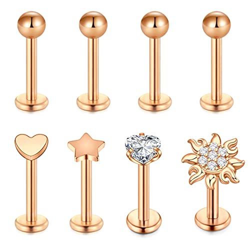 Mayhoop Lippenpiercing Labret Stud 16G 8mm Edelstahl Lippenstecker Tragus Helix Piercing Monroe Medusa Piercing Schmuck für Damen Herren Rosegold 8St von Mayhoop