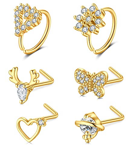 Mayhoop Nasenpiercing Gold Nasenring Piercing Nasenstecker Nasenring 20G Chirurgenstahl mit Herz Blume Schmetterling Geweih CZ Nasenpiercing Ring Stecker 6 Stück für Damen Herren von Mayhoop
