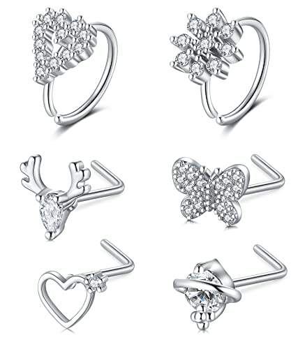 Mayhoop Nasenpiercing Nasenring Piercing Nasenstecker 20G Chirurgenstahl mit Herz Blume Schmetterling Geweih CZ Nasenpiercing Ring Stecker 6 Stück für Damen Herren Silber von Mayhoop