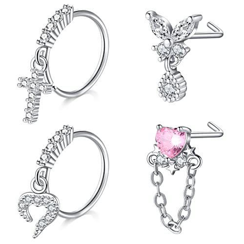 Mayhoop Nasenpiercing Stecker Nasenringe 20G 4Stk Silber Chirurgenstahl L Form Nasenstecker mit Strass für Frauen Männer von Mayhoop