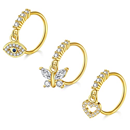 Mayhoop Nasenring 20G Nasenpiercing Hoops Goldene Augen Schmetterling Herz CZ Knorpel Helix Ohr Piercing Schmuck für Frauen Männer 3Stk von Mayhoop