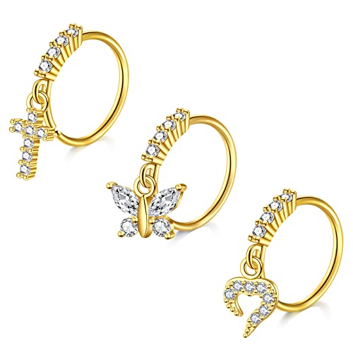 Mayhoop Nasenring 20G Nasenpiercing Hoops Goldene Kreuz Schmetterling Herz CZ Knorpel Helix Ohr Piercing Schmuck für Frauen Männer 3Stk von Mayhoop