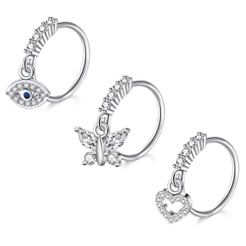 Mayhoop Nasenring 20G Nasenpiercing Hoops Silber Augen Schmetterling Herz CZ Knorpel Helix Ohr Piercing Schmuck für Frauen Männer 3Stk von Mayhoop