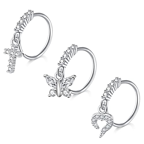 Mayhoop Nasenring 20G Nasenpiercing Hoops Silber Kreuz Schmetterling Herz CZ Knorpel Helix Ohr Piercing Schmuck für Frauen Männer 3Stk von Mayhoop