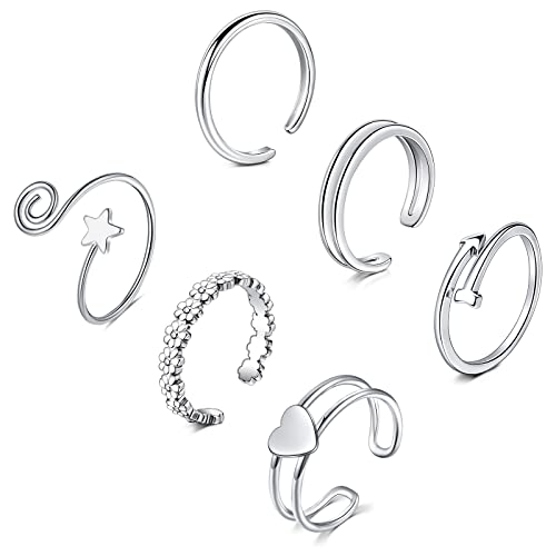Mayhoop Zehenringe für Damen Silber Verstellbare Zehenringe Knöchelringe Chirurgenstahl Herz Blume Stern 6St von Mayhoop
