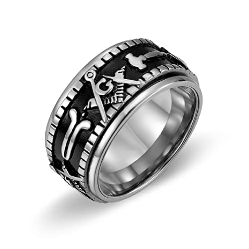 Freimaurer Symbol Band Ring, Punk Freimaurer Spinner Ring für Männer, Edelstahl Master Mason Ring Silber Freimaurer Symbol Schmuck, Quadrat und Kompass Ring Felsen Freimaurer Kompass Ring (21.4) von MayiaHey