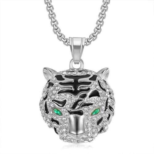 MayiaHey Bling Tigerkopf-Anhänger, Funkelnde Tigerkopf-Halskette für Männer, Hip-Hop-Silber-Tiger-Tier-Halskette Strass-Tigerkopf-Tierschmuck, Punk-Tigerkönig-Anhänger-Halskette für Jungen von MayiaHey