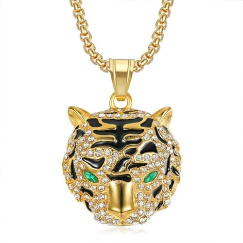 MayiaHey Funkelnder Tigerkopf-Anhänger, Bling-Tigerkopf-Halskette für Männer, Hip-Hop-Gold-Tiger-Tier-Halskette Strass-Tigerkopf-Tierschmuck, Punk-Tigerkönig-Anhänger-Halskette für Jungen von MayiaHey