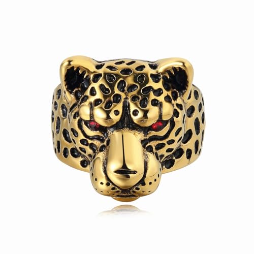 MayiaHey Goldener Leopardenkopf-Ring, Hip-Hop-Leoparden-Tier-Biker-Ring, Schwarz Gefleckter Leoparden-Ring Rotäugiger Leoparden-Schmuck, Wilder Leoparden-Kopf-Ring Punk-Leopardenkopf-Tier-Ring (18.9) von MayiaHey