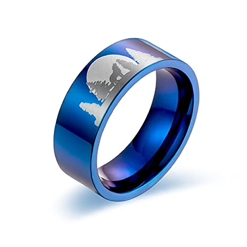 MayiaHey Wolf Ring, Mond Wald Wolf Ring für Männer, Nordischer Wikinger Wolf Tier Ring Wolf Schmuck, Edelstahl Keltischer Wolf Ring Hip Hop Heulen Wolf Band Ring Punk Wolf Ring (17.3, Blau) von MayiaHey