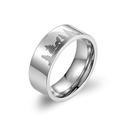 MayiaHey Wolf Ring, Mond Wald Wolf Ring für Männer, Nordischer Wikinger Wolf Tier Ring Wolf Schmuck, Edelstahl Keltischer Wolf Ring Hip Hop Heulen Wolf Band Ring Punk Wolf Ring (17.3, Silber) von MayiaHey