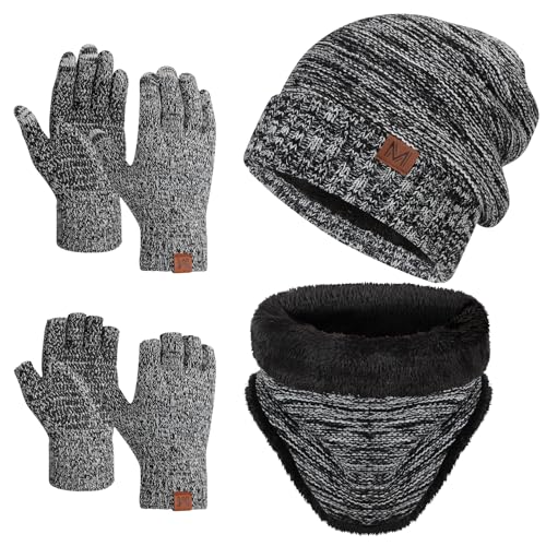 Maylisacc 4Pcs Winter Mütze Hut Loop Schal und Gestrickte Touchscreen Handschuhe & Fingerlose Handschuhe Warme Beanie Mütze Winter Set für Frauen Männer Grau von Maylisacc