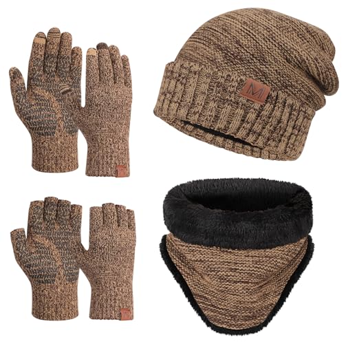 Maylisacc 4Pcs Winter Mütze Hut Loop Schal und Gestrickte Touchscreen Handschuhe & Fingerlose Handschuhe Warme Beanie Mütze Winter Set für Männer Frauen Braun von Maylisacc