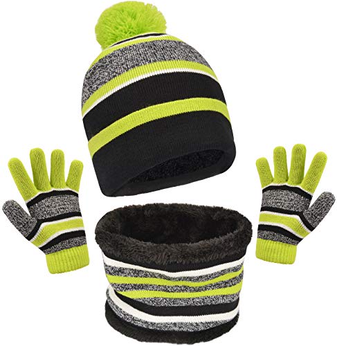 Maylisacc Schalmütze Jungen Winter für 3 4 5 6 Jahre, Warmer Beanie Mütze und Schal Handschuhe Set Kinder Fleece Ski Strickmütze mit Bommel Loop Schal by, Grün von Maylisacc