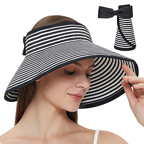 Maylisacc Strohhut Damen, Faltbar Strohhut UV Schutz 50 Sonnenhut Elegant Sommerhut Breite Krempe Visor Cap-Einstellbar, 55-59cm, Stripe von Maylisacc
