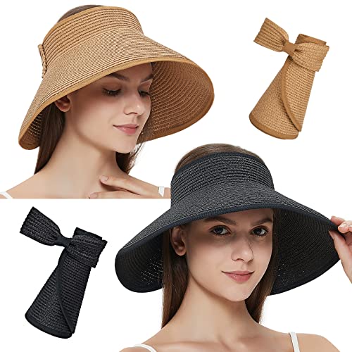 Maylisacc Strohhut Damen, Faltbar Strohhut UV Schutz 50 Sonnenhut Elegant Sommerhut Breite Krempe Visor Cap-Einstellbar, 55-59cm, Khaki+Schwarz von Maylisacc