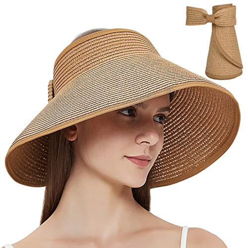 Maylisacc Strohhut Damen, Faltbar Strohhut UV Schutz 50 Sonnenhut Elegant Sommerhut Breite Krempe Visor Cap-Einstellbar, 55-59cm, Khaki von Maylisacc