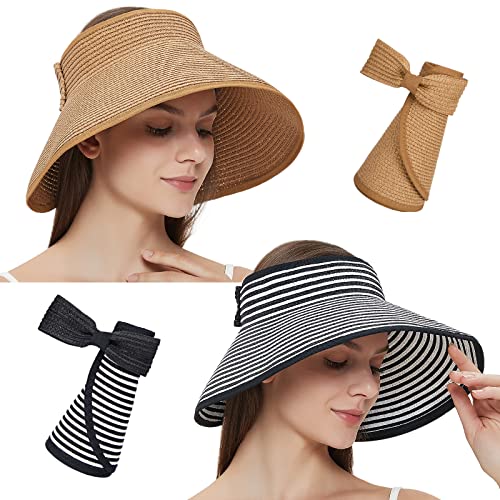 Maylisacc Strohhut Damen, Faltbar Strohhut UV Schutz 50 Sonnenhut Elegant Sommerhut Breite Krempe Visor Cap-Einstellbar, 55-59cm, Stripe+Khaki von Maylisacc