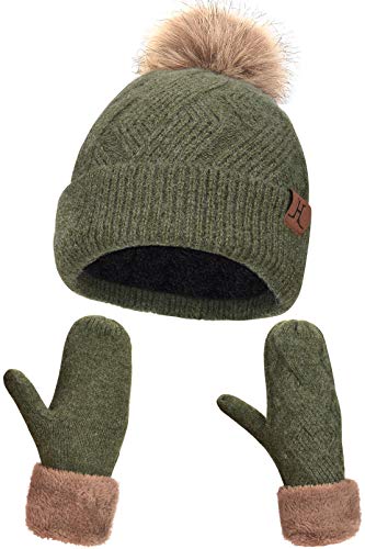 Maylisacc Winter Bommelmütze und Fäustlinge Damen, Dicke Strickmütze Winterhandschuhe Fausthandschuhe Set mit Warme Fleecefutter Grün von Maylisacc