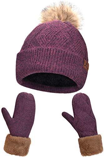 Maylisacc Wintermütze Damen mit Bommel und Fäustlinge Warm Winter Set Fleece Handschuhe Strick Bommelmütze Kunstfell für Frauen Elegant von Maylisacc