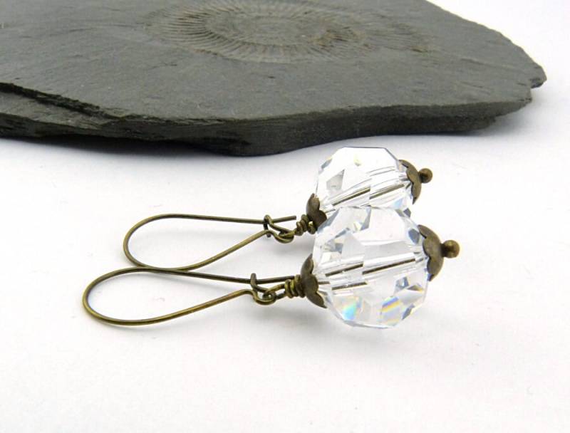 Crystal Balls. Sparkling, Simple Earrings With Transparent Crystal Beads & Patinated Brass. Winter, Christmas, Festive, Pure von Maymana