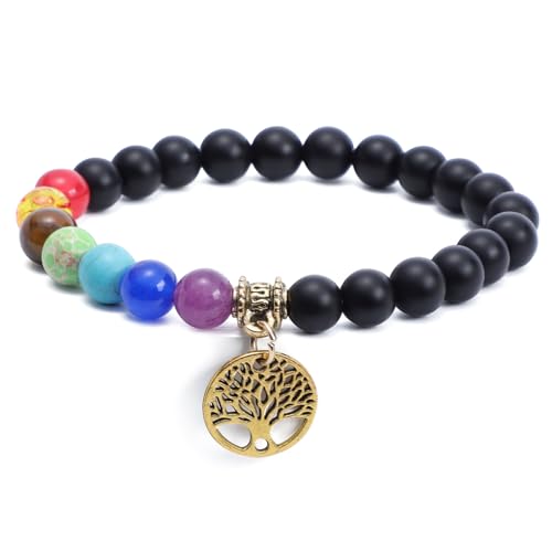 Chakra Armband Echte Steine Damen Heilsteine Armband mit Lebensbaum & Edelstein 7 Chakra mit Naturstein Spiritual Healing Crystals (Mattschwarz mit Gold, Eine Grösse) von Mayoii