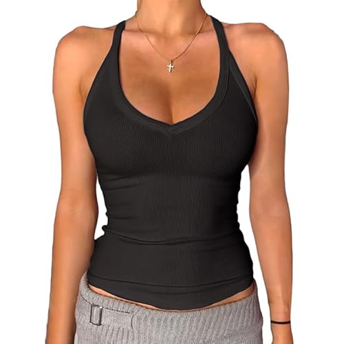 Geripptes Oberteil mit integriertem BH, gepolstertes Tank-Top, taillierter V-Ausschnitt, Racerback, Basic Cami Tops, Schwarz , L von Mayoii