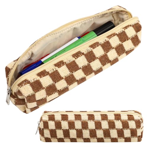 Kleine Bleistifttasche karierte Make-up-Tasche, gestrickte Kosmetiktasche, karierte Make-up-Tasche, Münzbeutel, Büro-Schreibwaren-Organizer für Teenager-Schule, khaki, Beauty Case von Mayoii