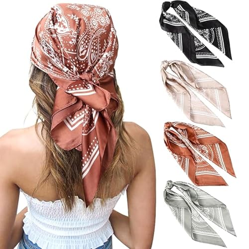 Mayoii 90x90cm Große Quadratische Bandana Kopftuch Damen Sommer – 4 Stück Seide Haartuch, Schals als Halstuch, Haarschmuck & Mehr (Schwarz + Armeegrün + Camel + Kurkuma) von Mayoii