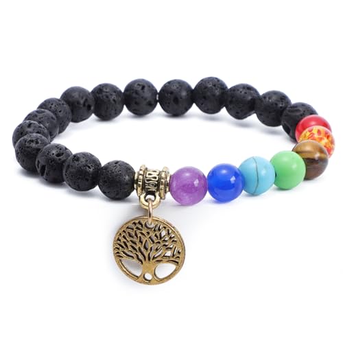 Mayoii Chakra Armband Echte Steine Damen Heilsteine Armband mit Lebensbaum & Edelstein 7 Chakra mit Naturstein Spiritual Healing Crystals (Vulkanstein-Gold, Eine Grösse) von Mayoii