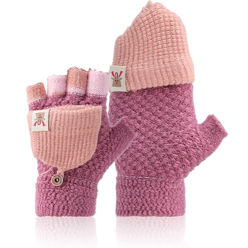 Mayoii Fingerless Gloves for Kids – Warm Winter Kinderhandschuhe with Flip Cover, Soft Fleece Woolhandschuhe Kinder for Boys Girls, Cartoon Fäustlinge & Fingerhandschuhe Kinder for 5–15 Years (Lila) von Mayoii