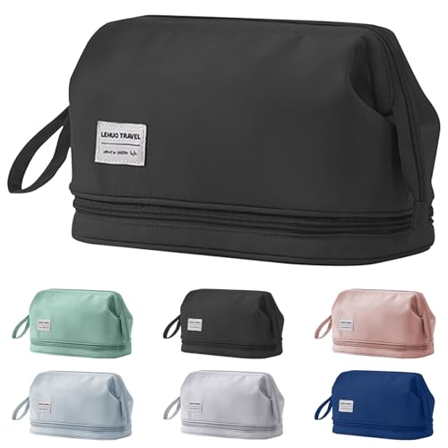 Mayoii Große Make-up-Tasche mit Fächern, Reise-Make-up-Organizer-Tasche, weit geöffneter Reißverschluss, Kulturbeutel für Damen, wasserdichte Kosmetiktasche, Schwarz , Einheitsgröße, Modern von Mayoii