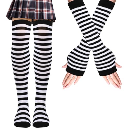 Mayoii Oberschenkelhohe Socken, fingerlose Handschuhe, Set, lange Socken für Damen und Mädchen, Arm- und Beinwärmer, Schwarz-weiße Streifen, M-L von Mayoii