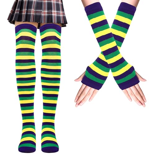 Mayoii Oberschenkelhohe Socken Fingerlose Handschuhe Set, Lange Socken für Frauen Mädchen Arm Beinwärmer, Lila Gelb Grün, M/L von Mayoii