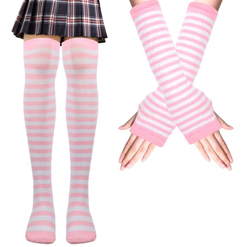 Mayoii Oberschenkelhohe Socken, fingerlose Handschuhe, Set, lange Socken für Damen und Mädchen, Arm- und Beinwärmer, Rosa und weiße Streifen, M-L von Mayoii