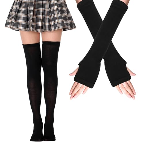 Mayoii Oberschenkelhohe Socken, fingerlose Handschuhe, Set, lange Socken für Damen und Mädchen, Arm- und Beinwärmer, Schwarz , M-L von Mayoii