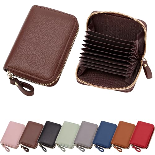 Mayoii RFID-Kartenetui für Damen, echtes Leder, Kreditkartenetui, RFID-blockierende Geldbörse, kompakte Akkordeon-Reißverschluss-Geldbörse mit 11 Fächern, braun, 7.5*11*2.4 cm, Modern von Mayoii